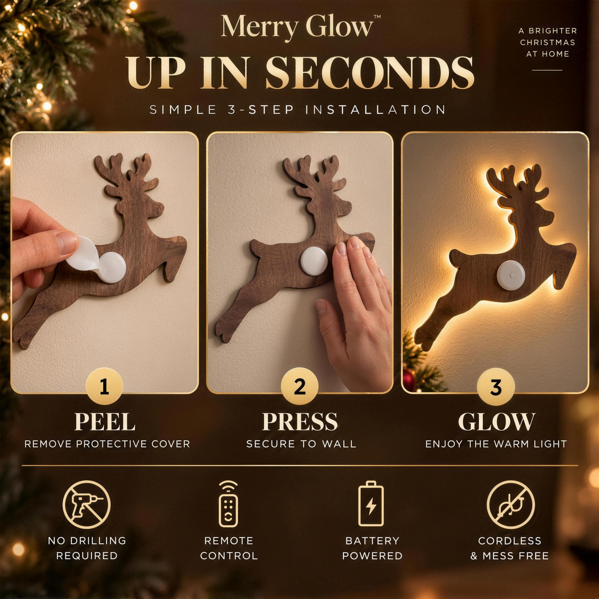 MerryGlow™ Press on Reindeer Light